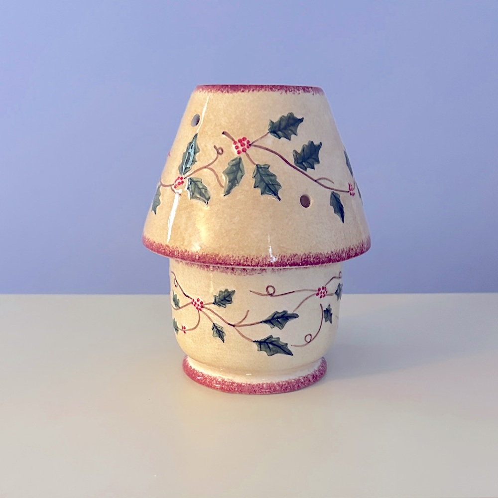 Russ Cream and Red Ceramic Candle Holder with Holly Design